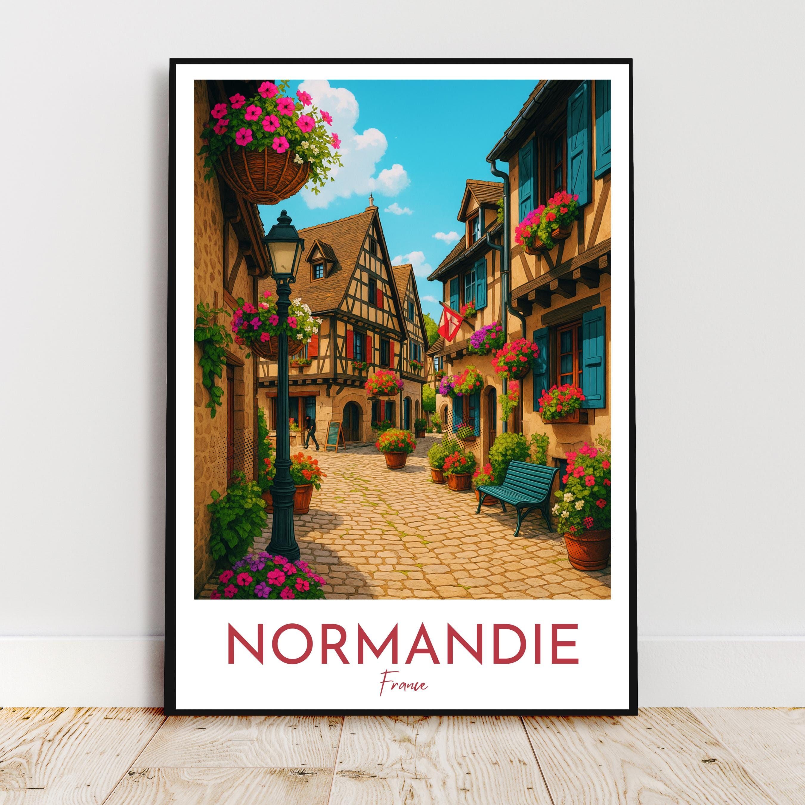 Affiche voyage - Normandie, France, Village, Fleurs - moderne, impression, poster