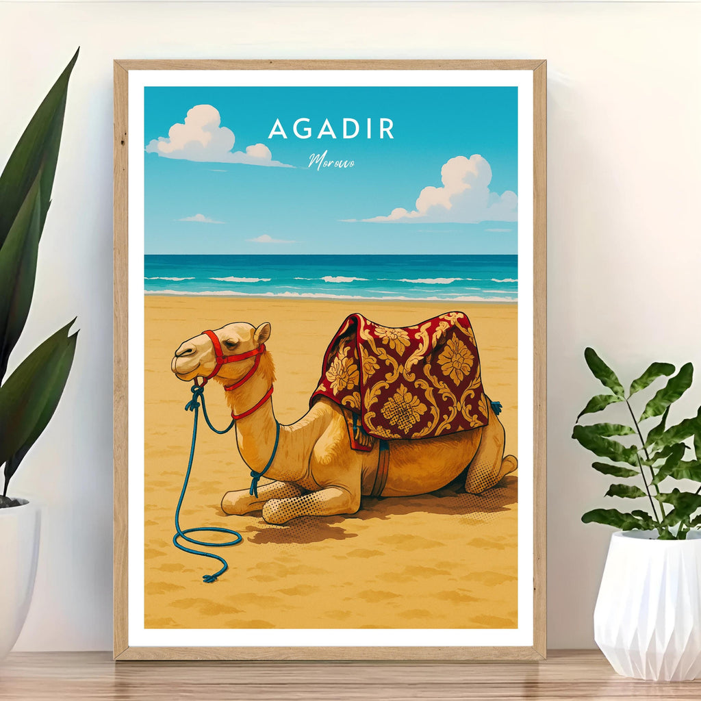 Affiche voyage - Agadir, Maroc, Maghreb, Dromadaire - art moderne, impression, poster