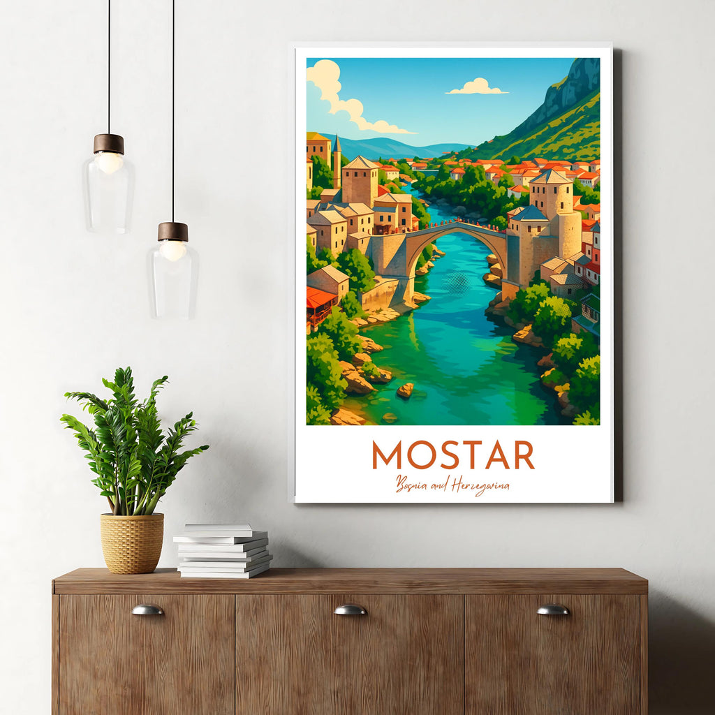 Affiche voyage - Mostar, Bosnie Herzégovine, Balkans, Vieux Pont - art moderne, impression, poster