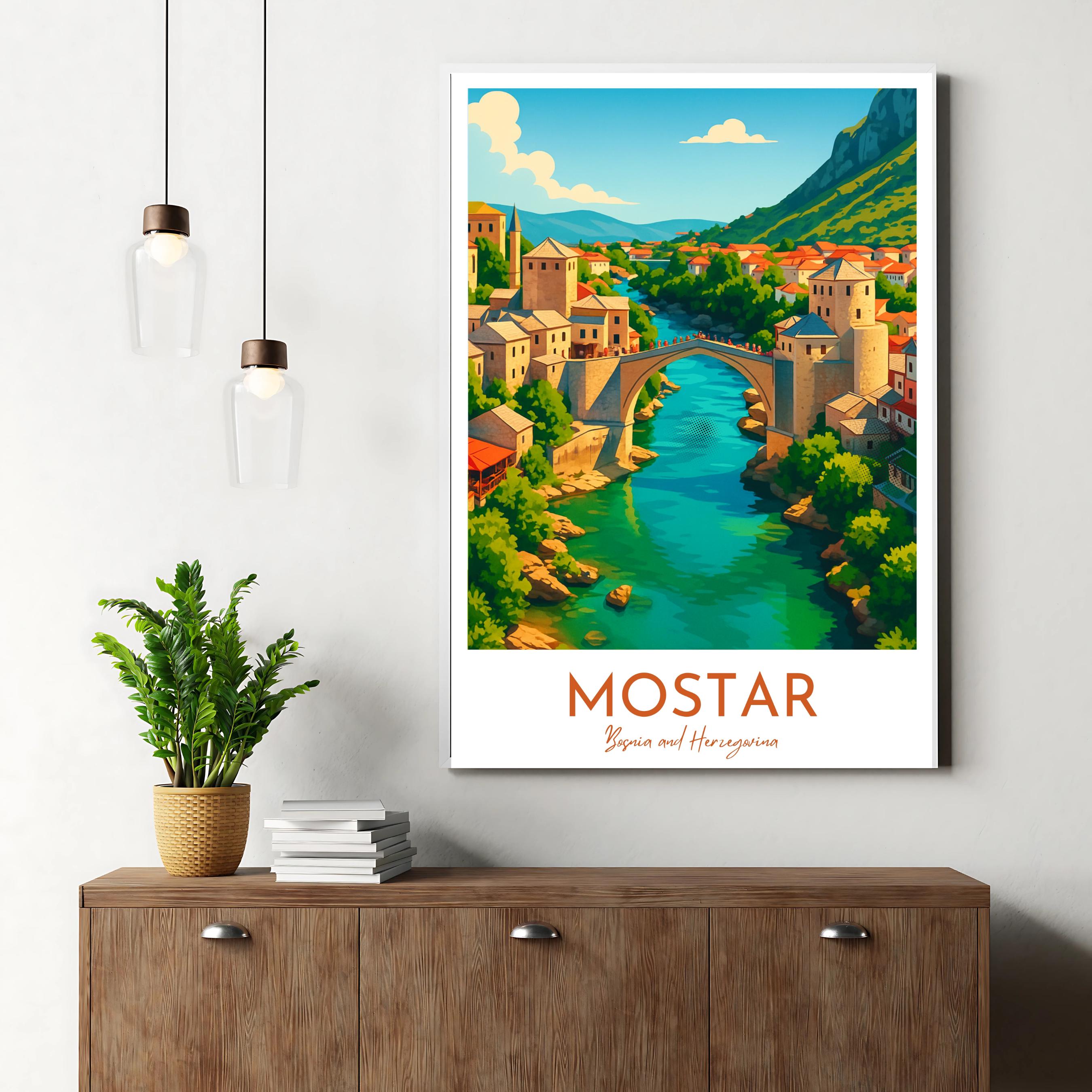 Affiche voyage - Mostar, Bosnie Herzégovine, Balkans, Vieux Pont - art moderne, impression, poster