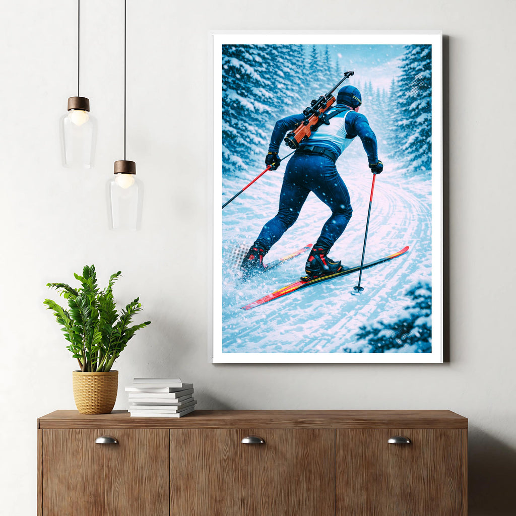 Affiche sport - Biathlon, Ski de Fond, Tir a la Carabine, Hiver - art moderne, impression, poster