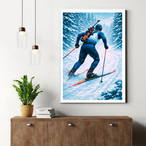Affiche sport - Biathlon, Ski de Fond, Tir a la Carabine, Hiver - art moderne, impression, poster