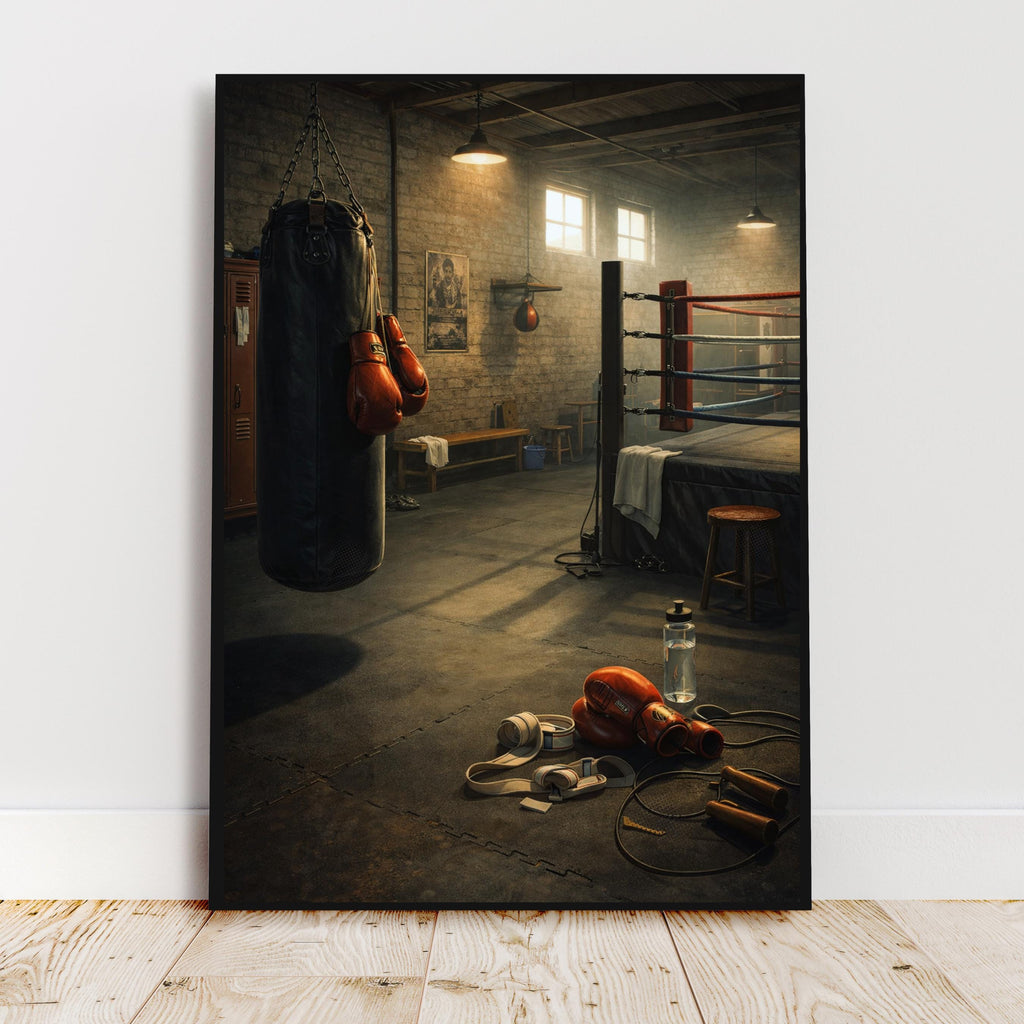 Affiche sport - Boxe, Salle Entrainement, Gants, Sac de Frappe - art moderne, impression, poster