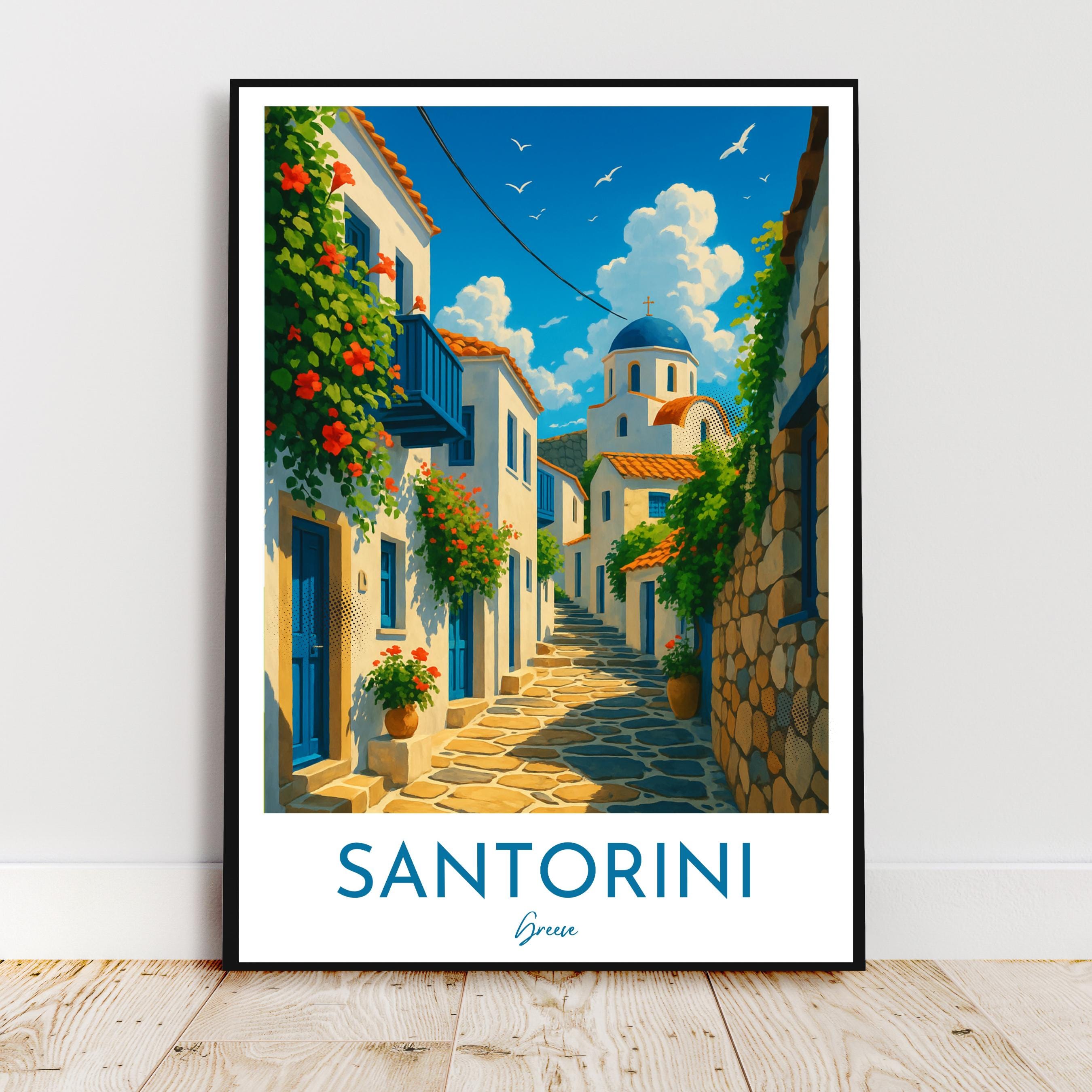 Affiche voyage - Santorin, Cyclades, Méditerranee, Grèce - art moderne, impression, poster