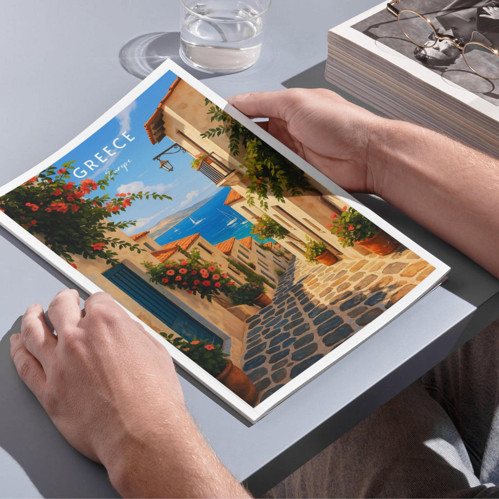 Affiche voyage - Grèce, Europe, Méditerranée, Village - art moderne, impression, poster