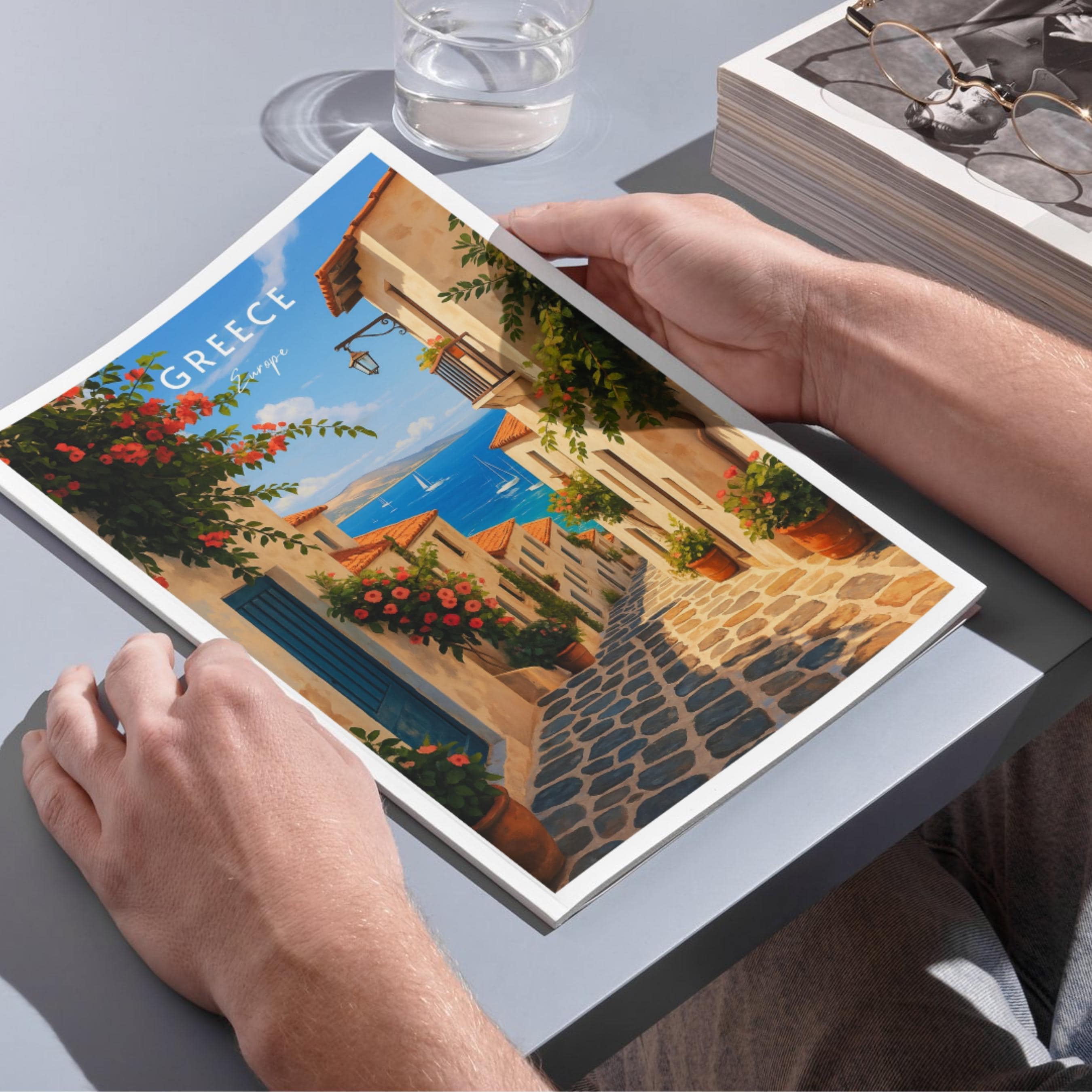 Affiche voyage - Grèce, Europe, Méditerranée, Village - art moderne, impression, poster