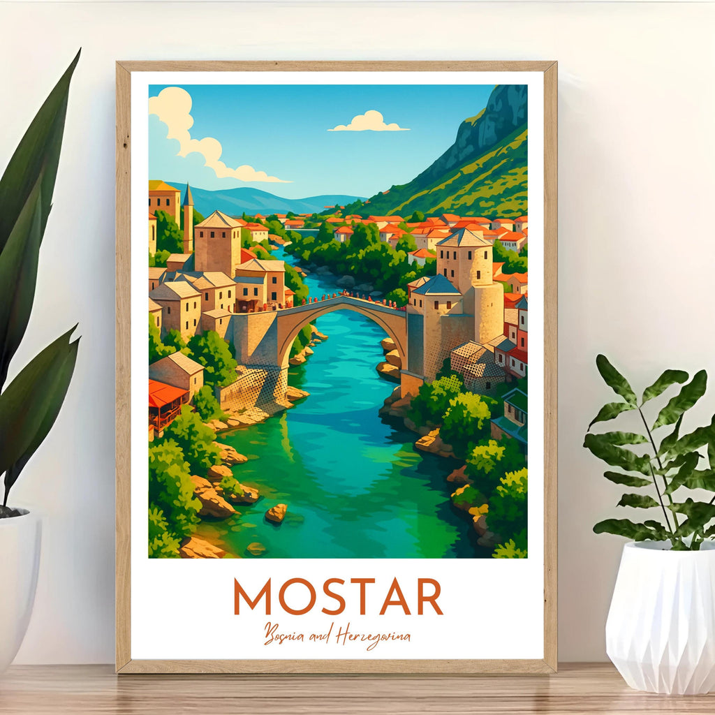 Affiche voyage - Mostar, Bosnie Herzégovine, Balkans, Vieux Pont - art moderne, impression, poster