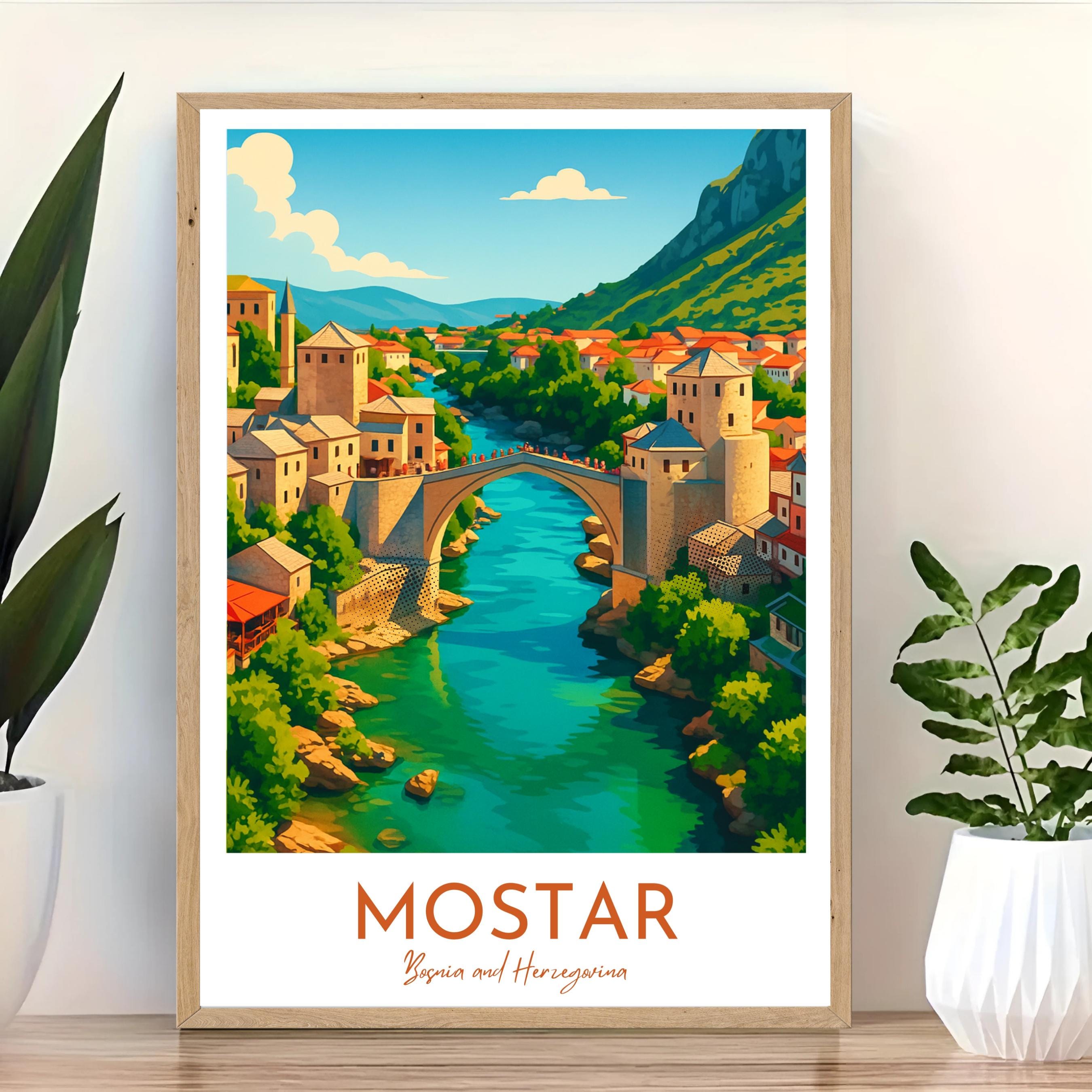 Affiche voyage - Mostar, Bosnie Herzégovine, Balkans, Vieux Pont - art moderne, impression, poster