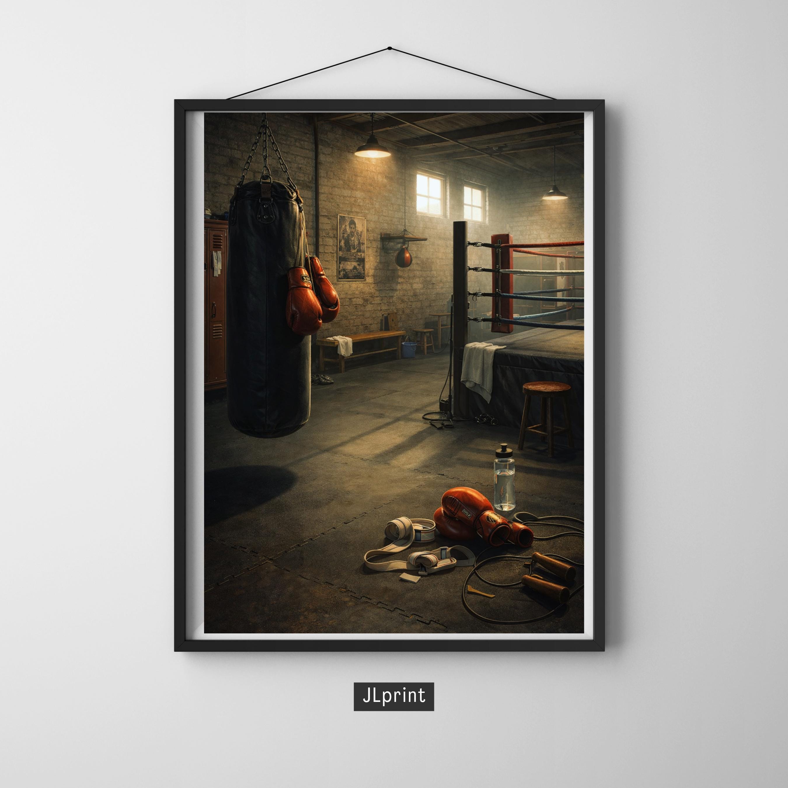 Affiche sport - Boxe, Salle Entrainement, Gants, Sac de Frappe - art moderne, impression, poster