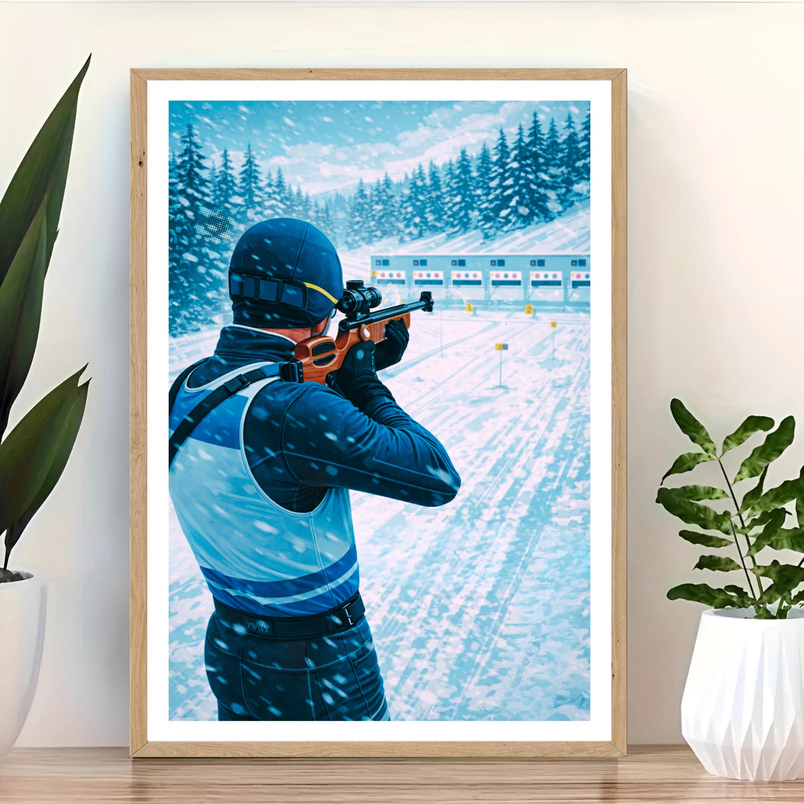 Affiche sport - Biathlon, Ski de Fond, Tir a la Carabine, Hiver - art moderne, impression, poster