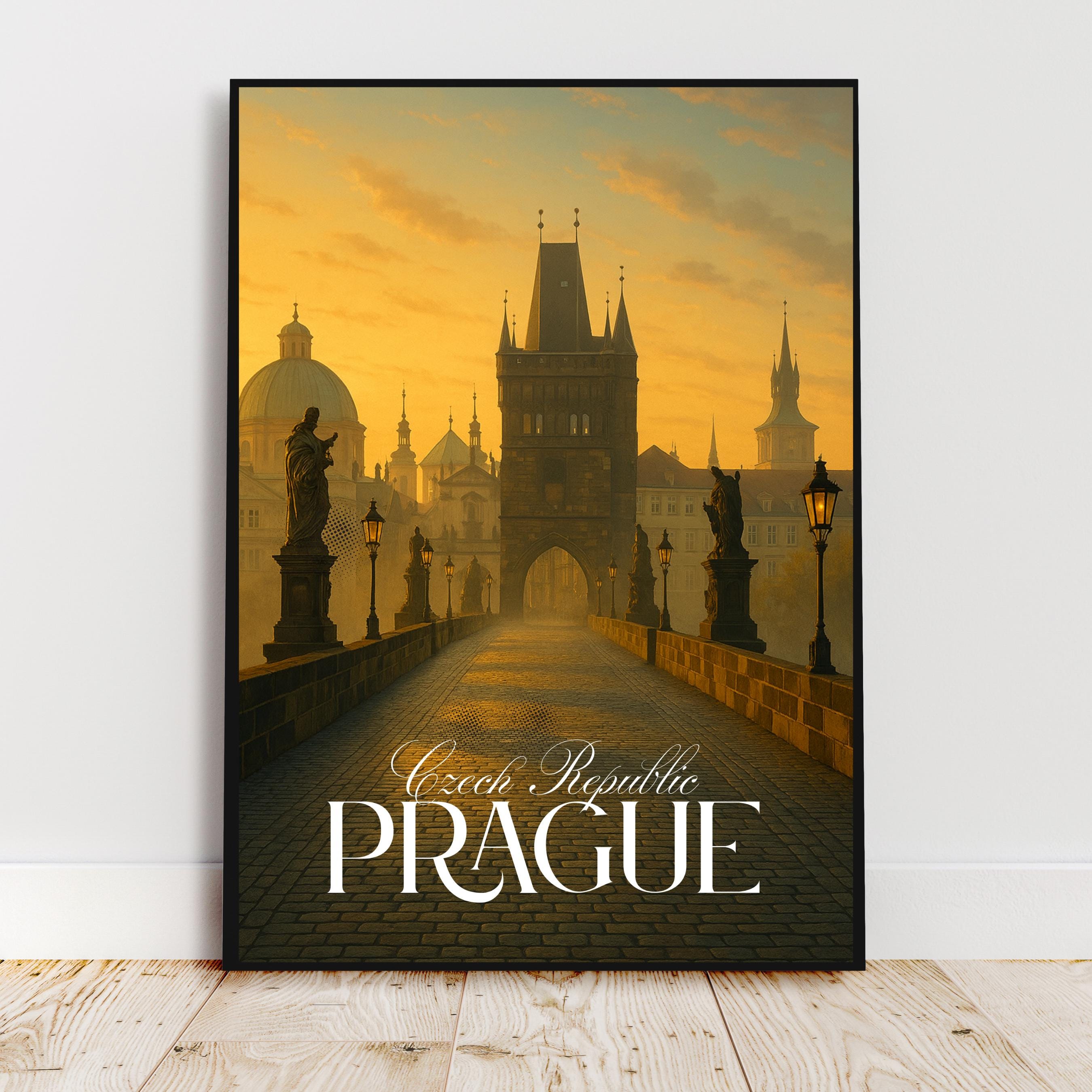 Affiche voyage - Prague, République Tchèque, Tchéquie, Pont Charles - art moderne, impression, poster