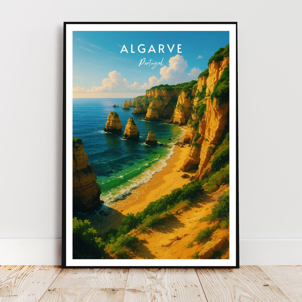 Affiche voyage - Algarve, Portugal, Ocean Atlantique, Falaises - art moderne, impression, poster