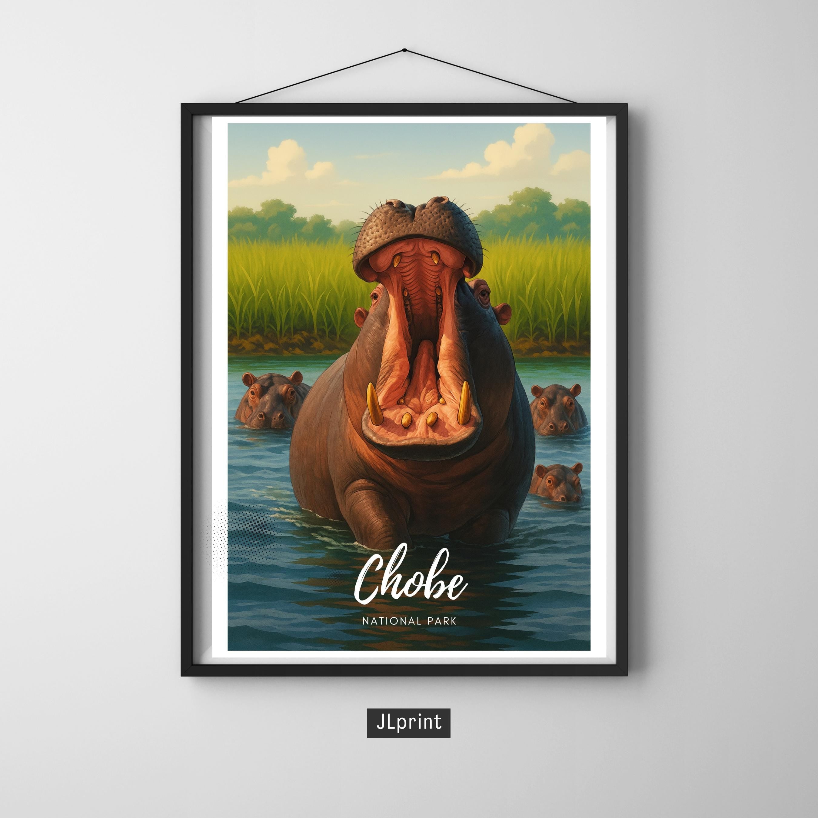 Affiche voyage - Chobe, Parc National, Botswana, Hippopotames - art moderne, impression, poster
