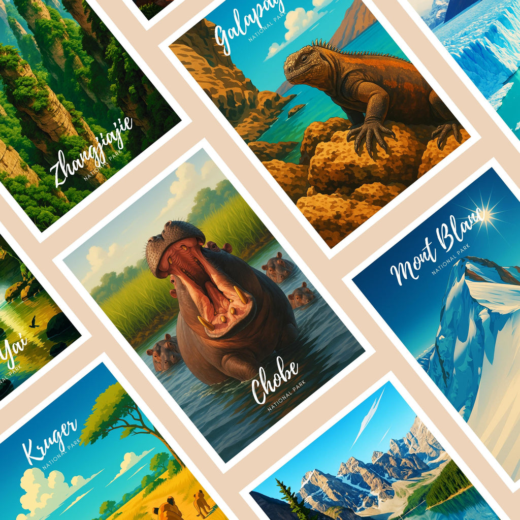Affiche voyage - Chobe, Parc National, Botswana, Hippopotames - art moderne, impression, poster