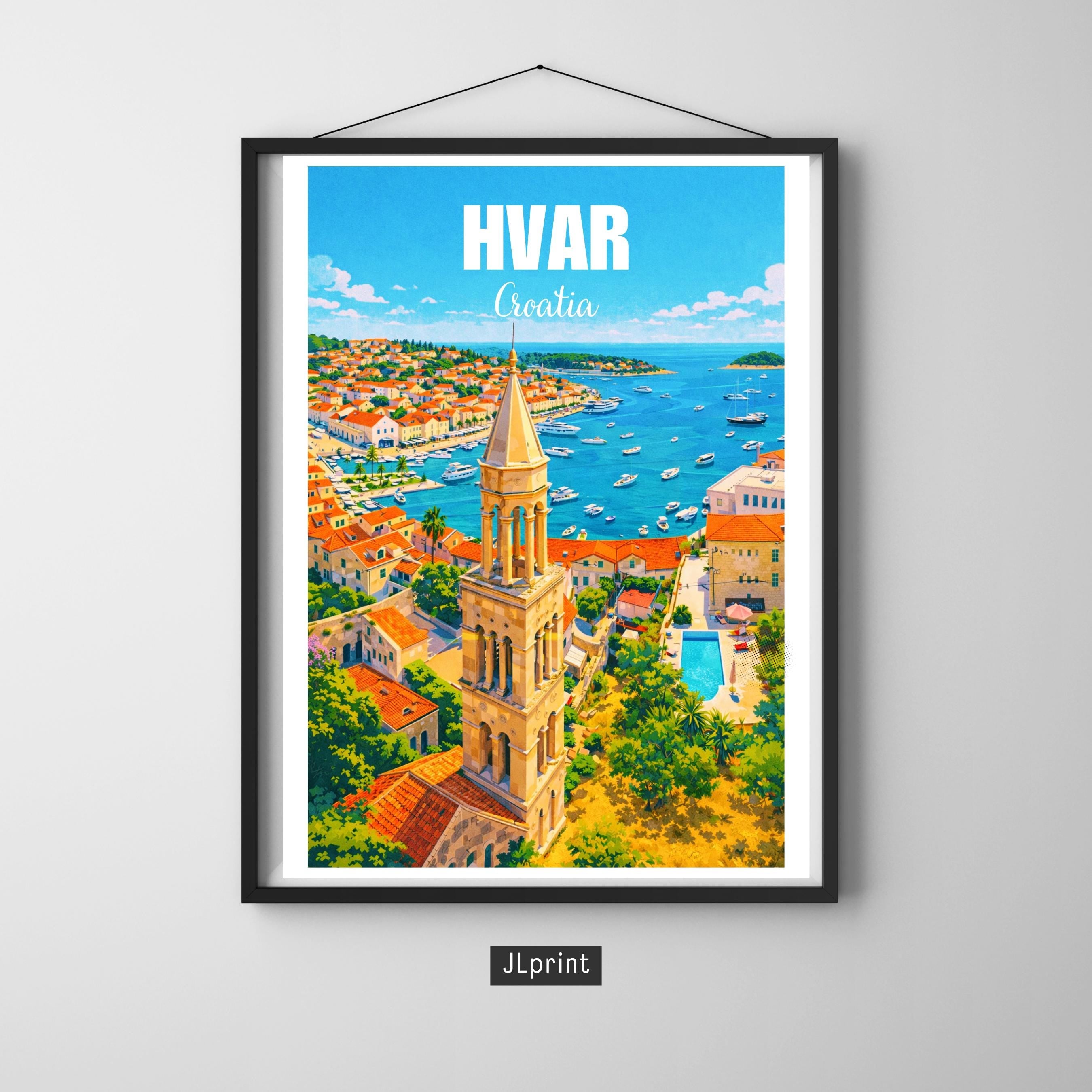 Affiche voyage - Hvar, Dalmatie, Croatie, Adriatique - art moderne, impression, poster