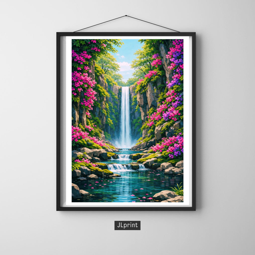 Affiche nature - Cascade, Paysage, Fleurs, Evasion - art moderne, impression, poster