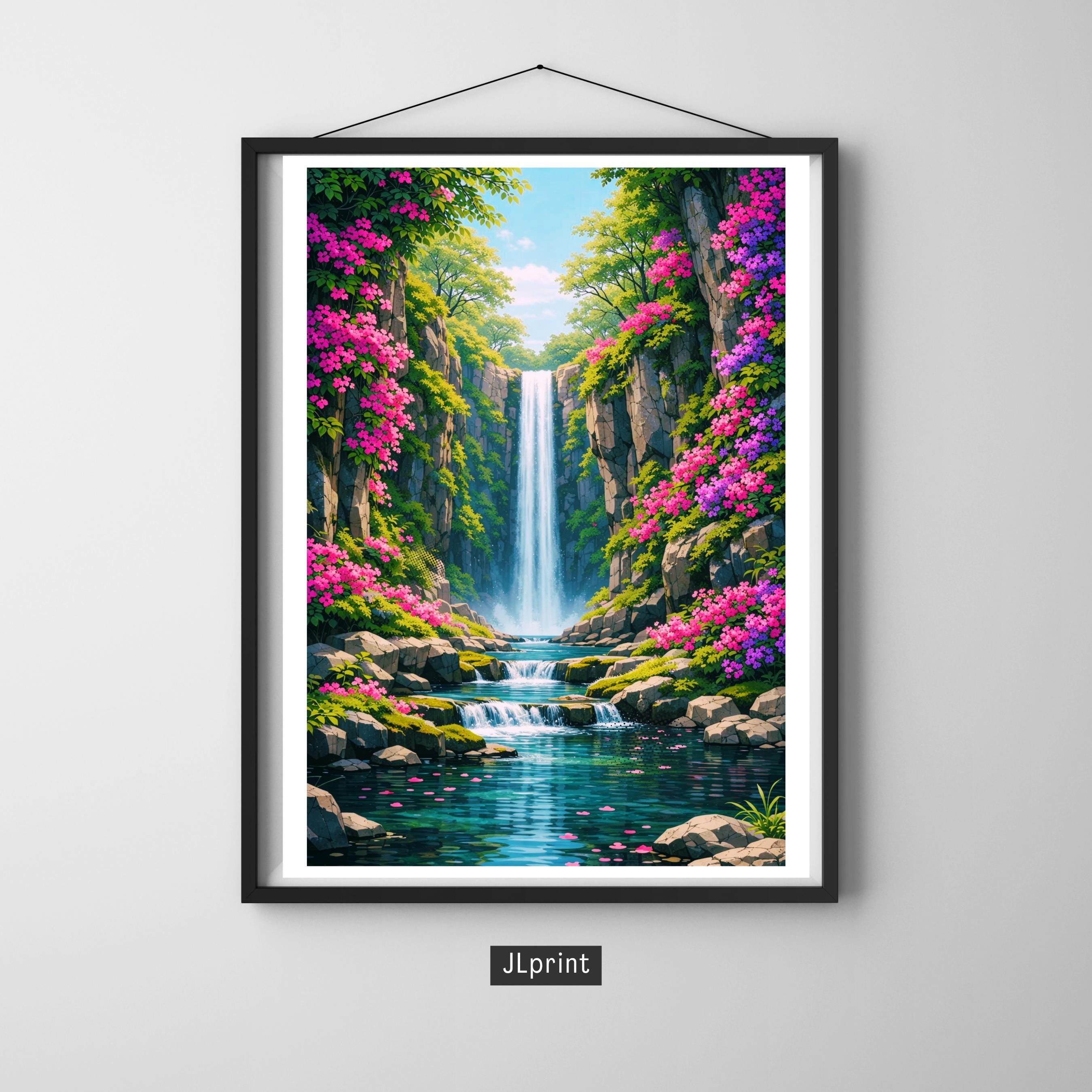 Affiche nature - Cascade, Paysage, Fleurs, Evasion - art moderne, impression, poster