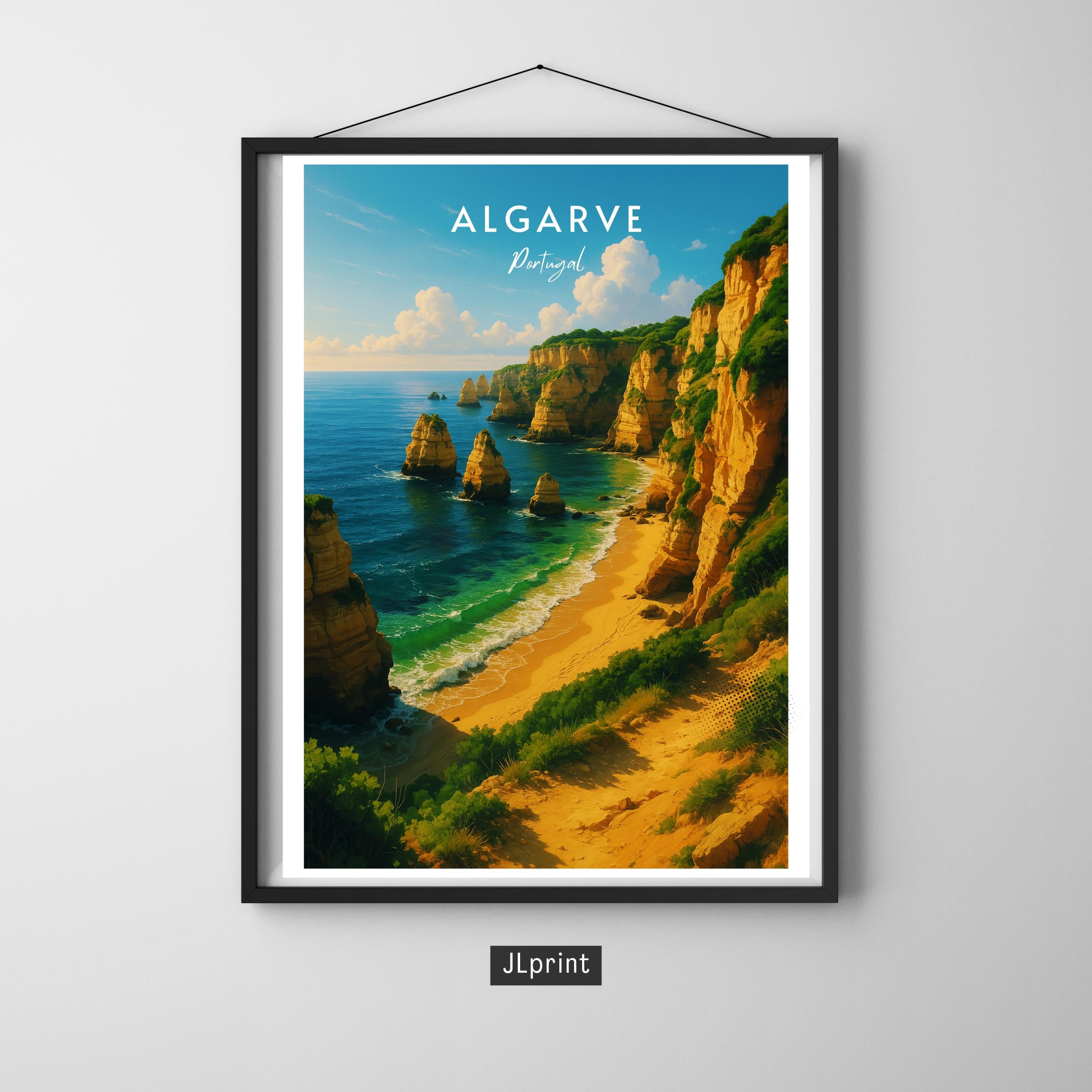 Affiche voyage - Algarve, Portugal, Ocean Atlantique, Falaises - art moderne, impression, poster