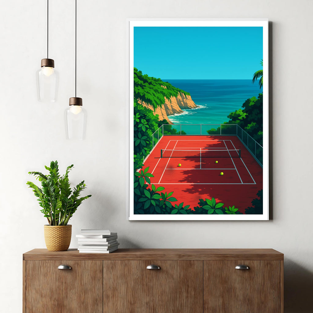 Affiche sport - Tennis, Terrain, Océan, Paysage - art moderne, impression, poster
