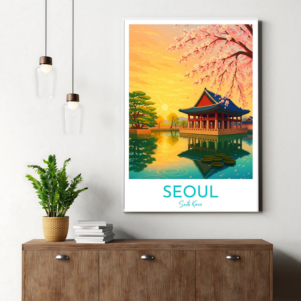 Affiche voyage - Séoul, Corée du Sud, Asie, Pavillon Gyeonghoeru - art moderne, impression, poster