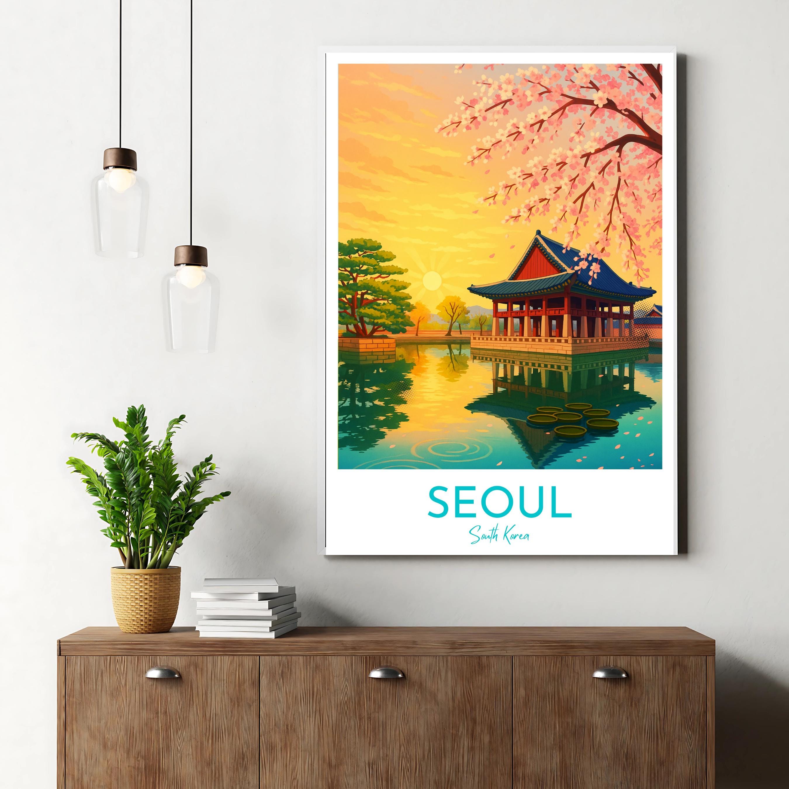 Affiche voyage - Séoul, Corée du Sud, Asie, Pavillon Gyeonghoeru - art moderne, impression, poster