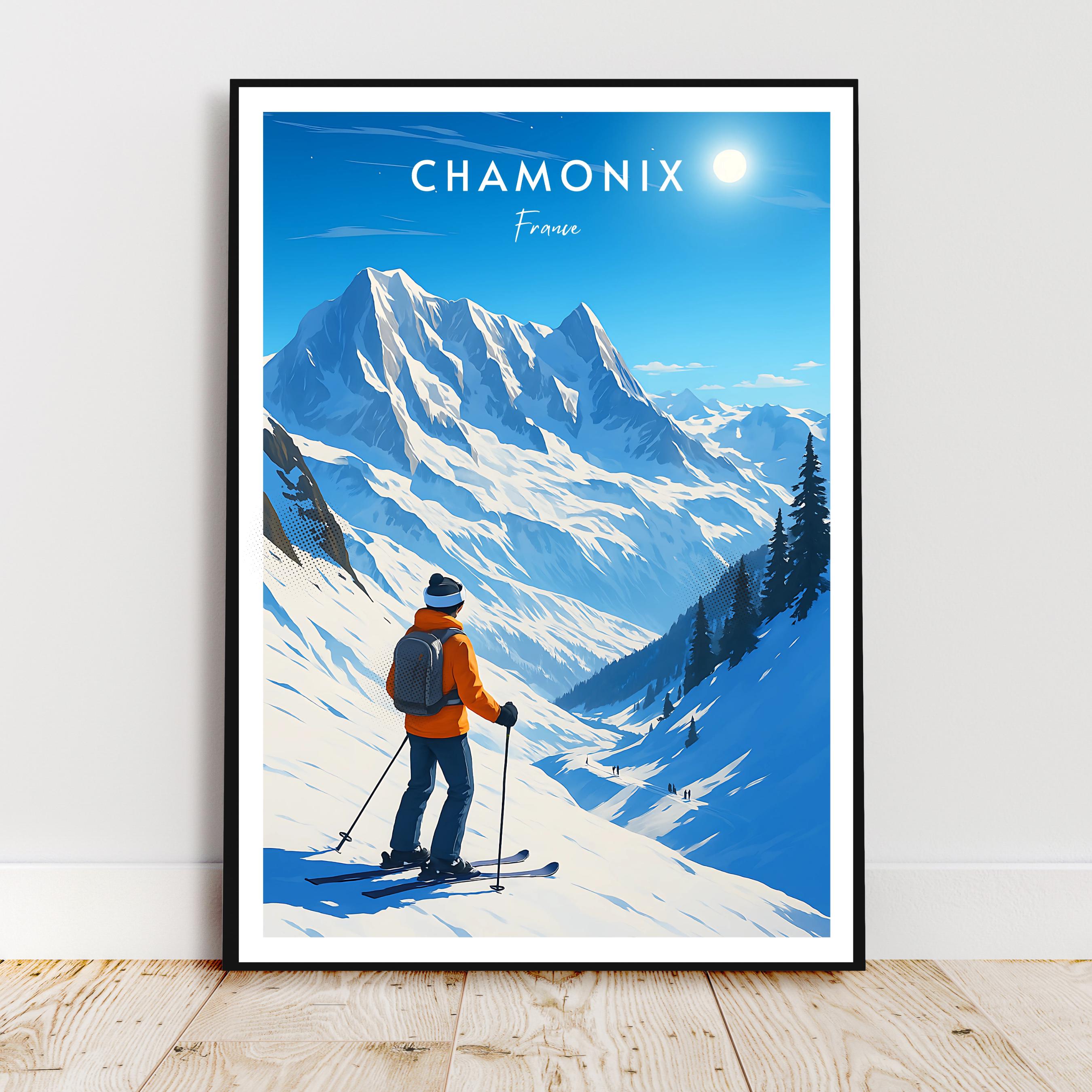 Affiche voyage - Chamonix, Alpes, France, Ski - art moderne, impression, poster