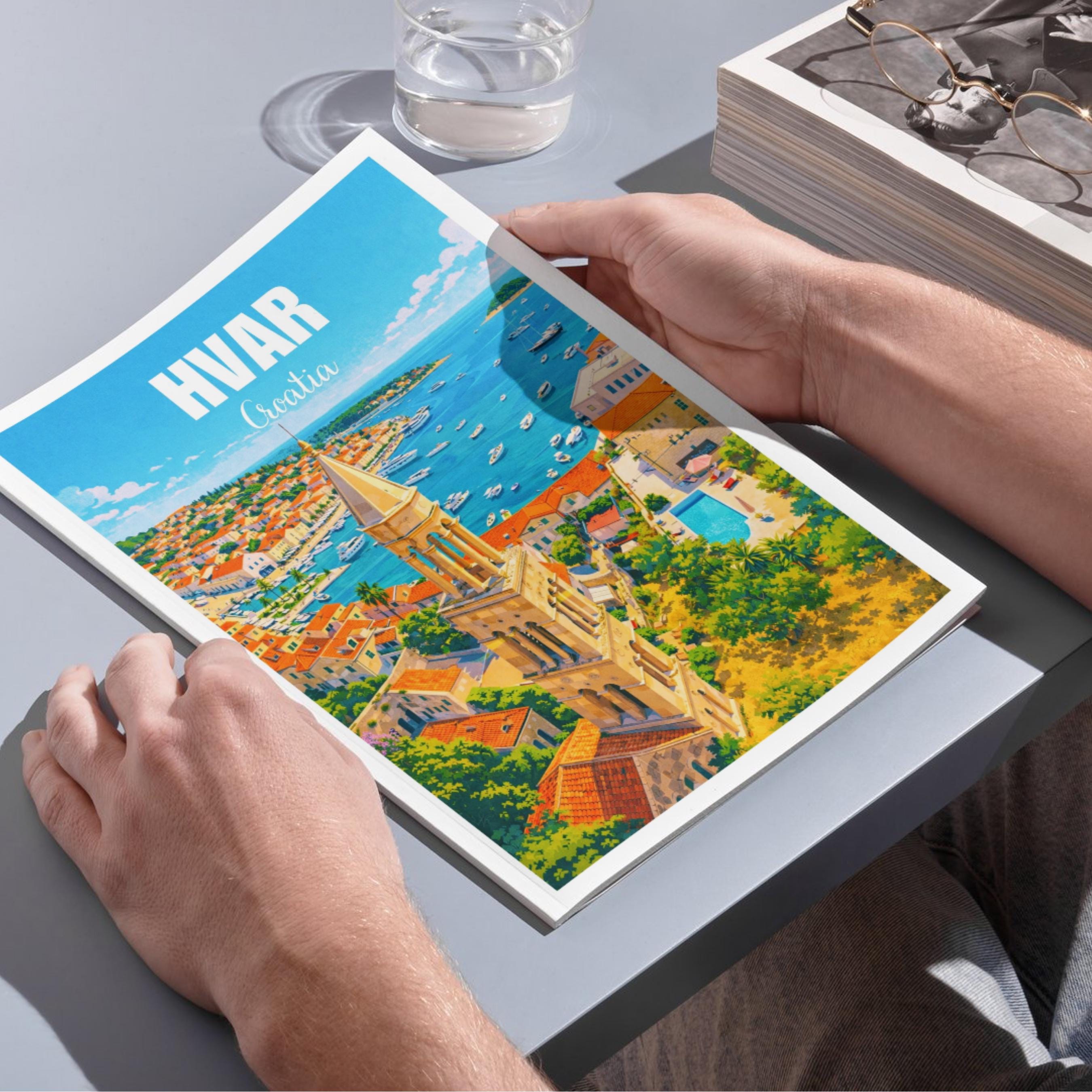 Affiche voyage - Hvar, Dalmatie, Croatie, Adriatique - art moderne, impression, poster