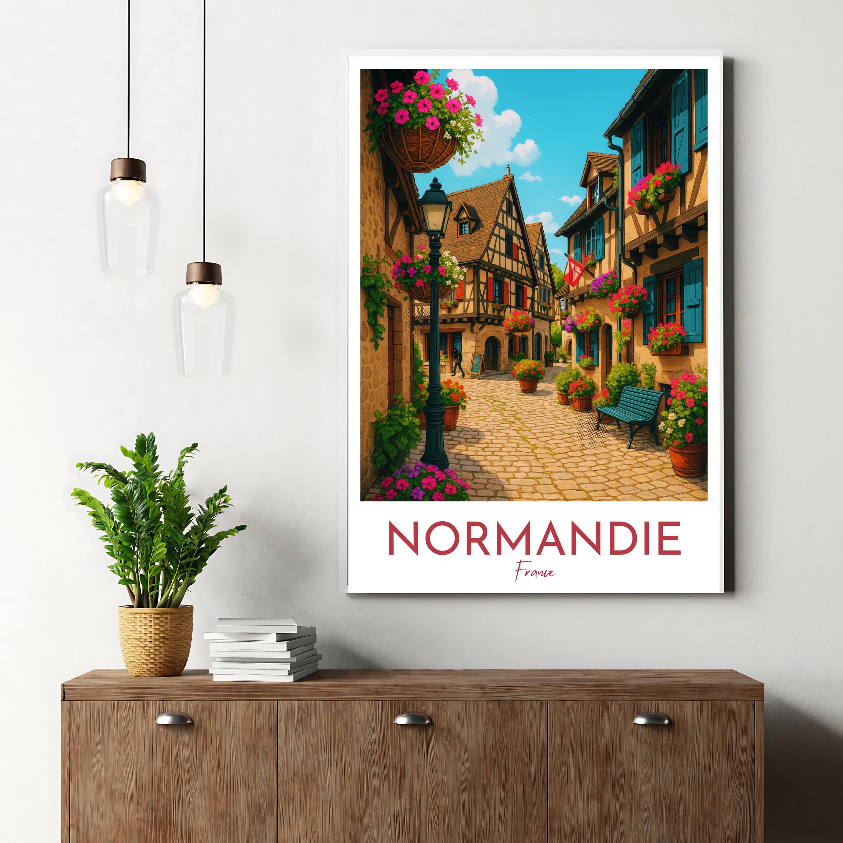 Affiche voyage - Normandie, France, Village, Fleurs - moderne, impression, poster