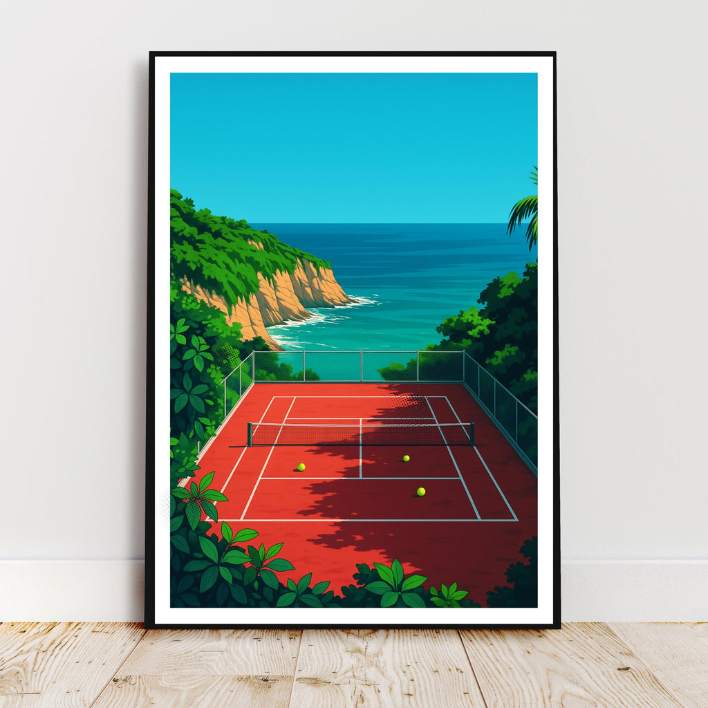 Affiche sport - Tennis, Terrain, Océan, Paysage - art moderne, impression, poster