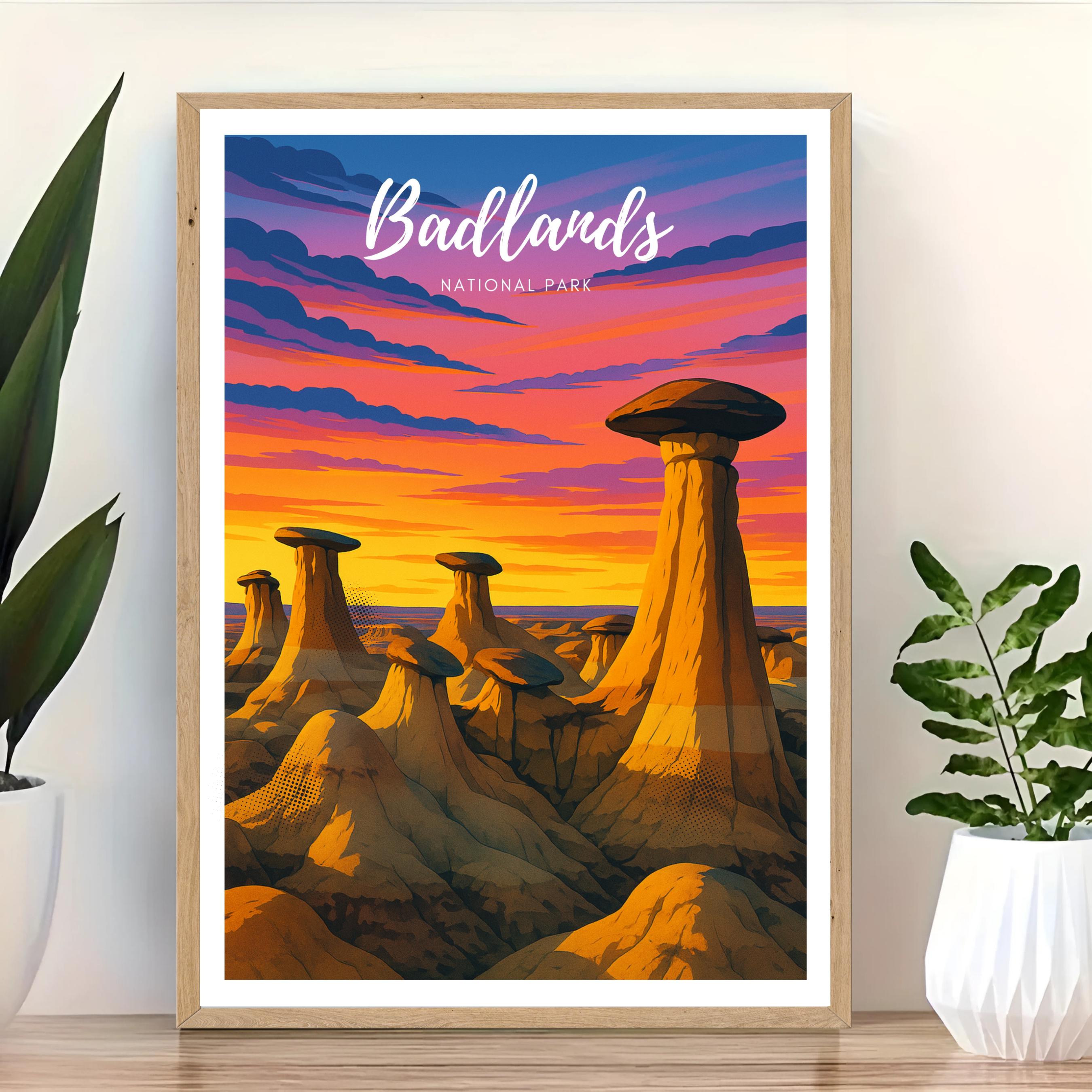 Affiche voyage - Badlands, Parc National, USA, Amerique - art moderne, impression, poster