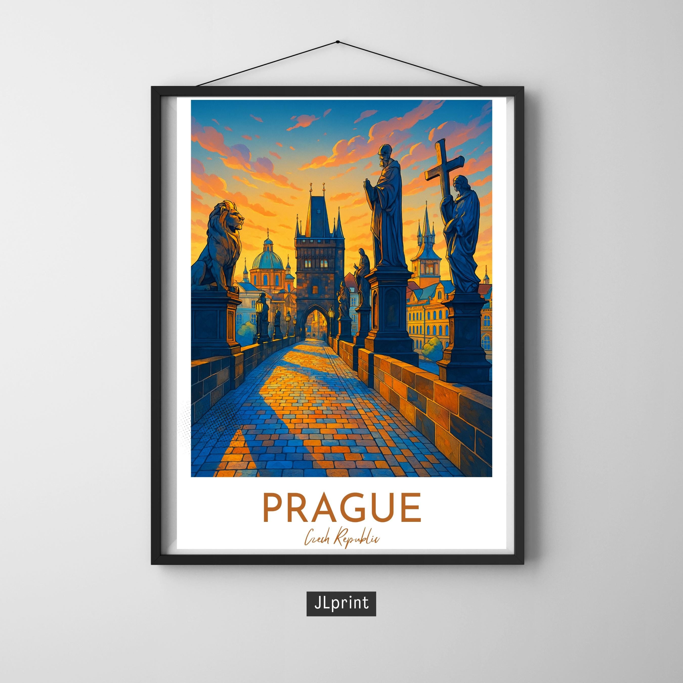 Affiche voyage - Prague, République Tchèque, Tchéquie, Pont Charles - art moderne, impression, poster